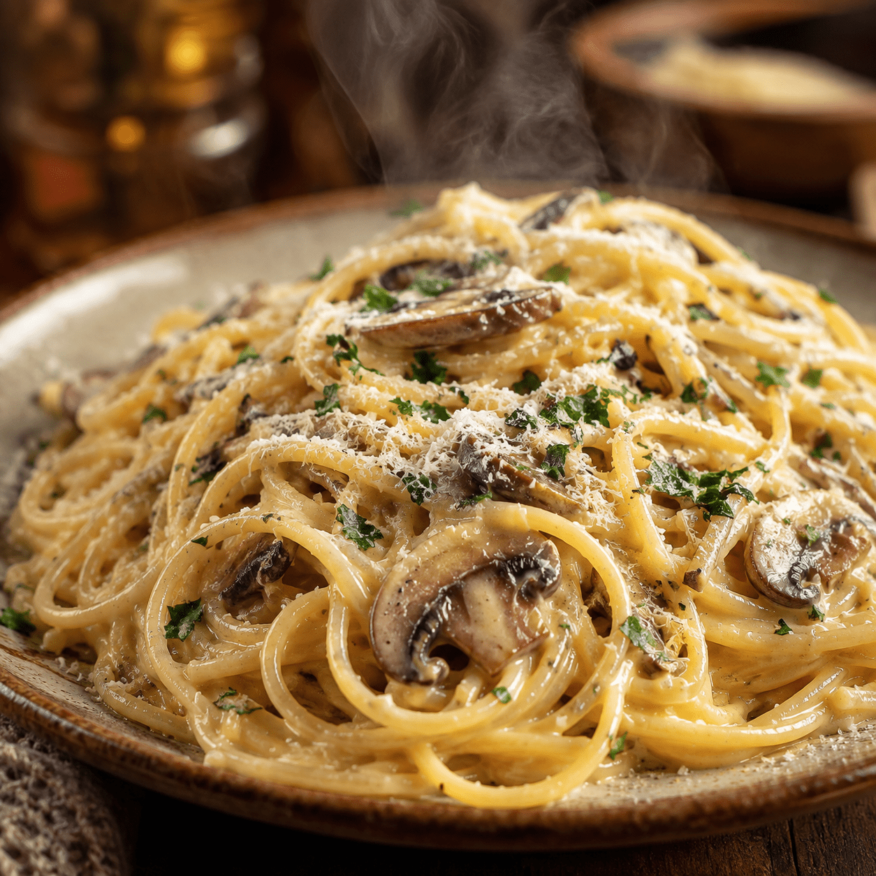Spaghetti crémeux façon carbonara végétarienne, garnis de champignons de Paris bien dorés, de parmesan râpé, de poivre noir et de persil frais.