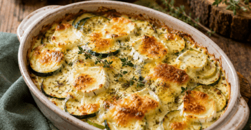 Gratin de courgettes au chèvre frais dans un plat en céramique, avec une surface dorée, des rondelles de courgettes fondantes et des herbes de Provence.