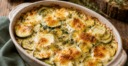 Gratin de courgettes au chèvre frais dans un plat en céramique, avec une surface dorée, des rondelles de courgettes fondantes et des herbes de Provence.