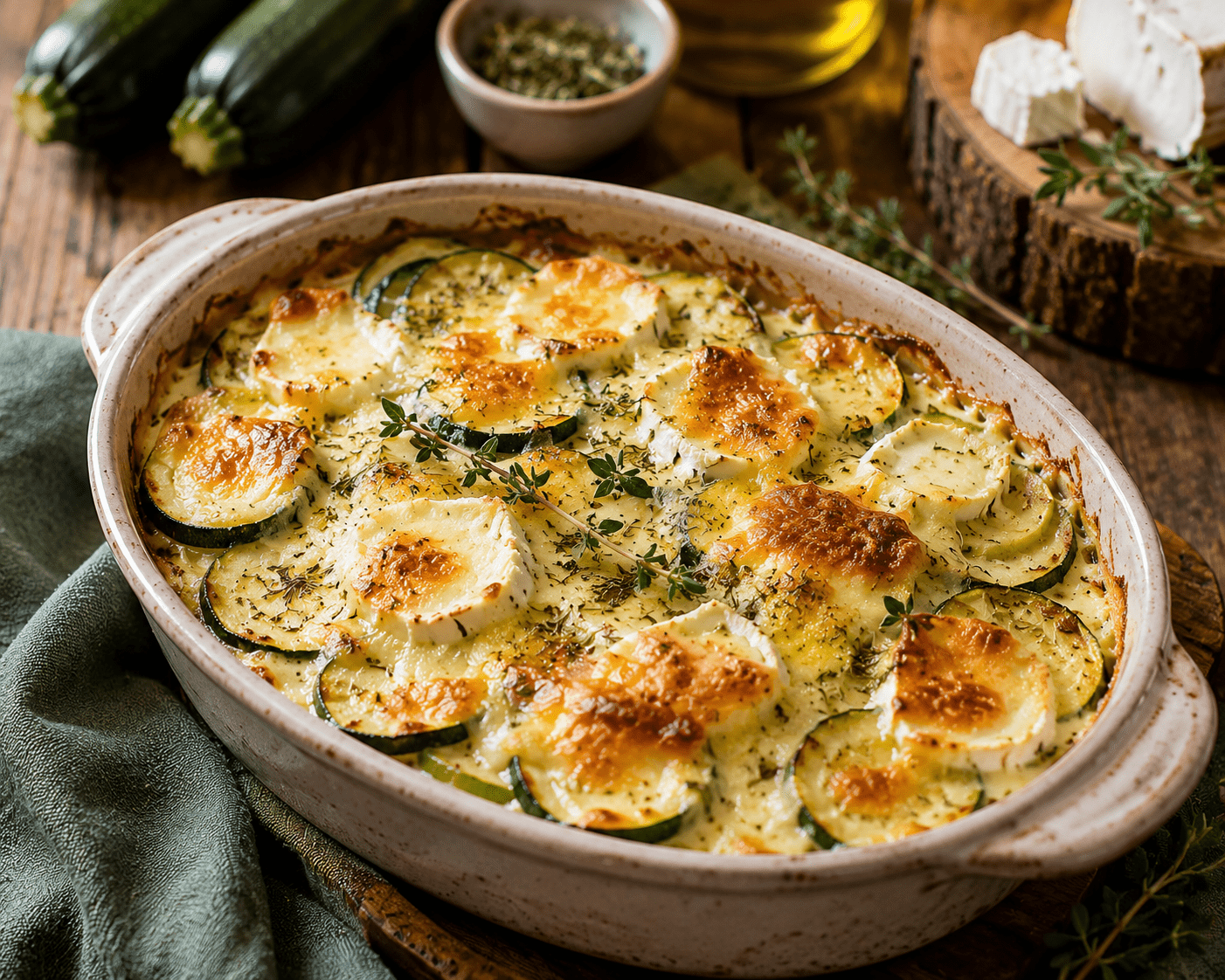 Gratin de courgettes au chèvre frais dans un plat en céramique, avec une surface dorée, des rondelles de courgettes fondantes et des herbes de Provence.