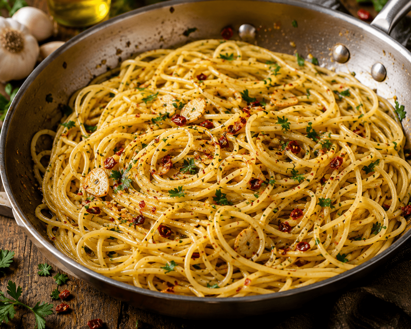 Spaghetti aglio e olio brillants servis dans une poêle, garnis de fines lamelles d’ail doré, de piment rouge, de persil frais et d’huile d’olive.