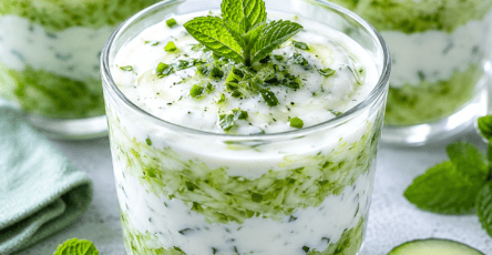 Verrines salées remplies d’une préparation crémeuse au concombre râpé, au yaourt grec et à la menthe, décorées de dés de concombre et de citron.