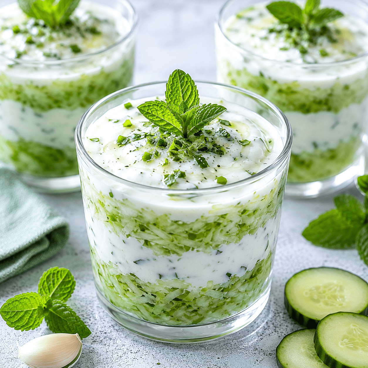 Verrines salées remplies d’une préparation crémeuse au concombre râpé, au yaourt grec et à la menthe, décorées de dés de concombre et de citron.