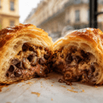 Crookie ouvert en deux avec croissant feuilleté doré, pâte à cookie fondante et généreuses pépites de chocolat noir.