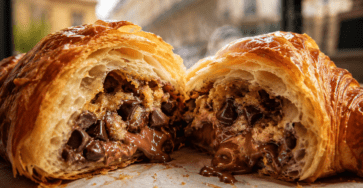 Crookie ouvert en deux avec croissant feuilleté doré, pâte à cookie fondante et généreuses pépites de chocolat noir.