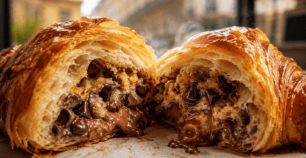 Crookie ouvert en deux avec croissant feuilleté doré, pâte à cookie fondante et généreuses pépites de chocolat noir.