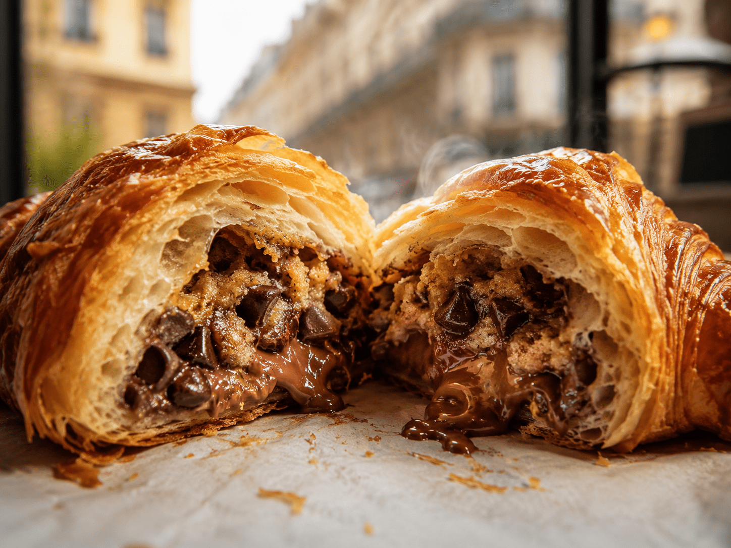 Crookie ouvert en deux avec croissant feuilleté doré, pâte à cookie fondante et généreuses pépites de chocolat noir.
