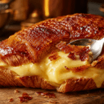 Croissant doré généreusement garni de crème pâtissière vanillée, recouvert d’une fine couche de cassonade caramélisée au chalumeau.
