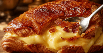 Croissant doré généreusement garni de crème pâtissière vanillée, recouvert d’une fine couche de cassonade caramélisée au chalumeau.