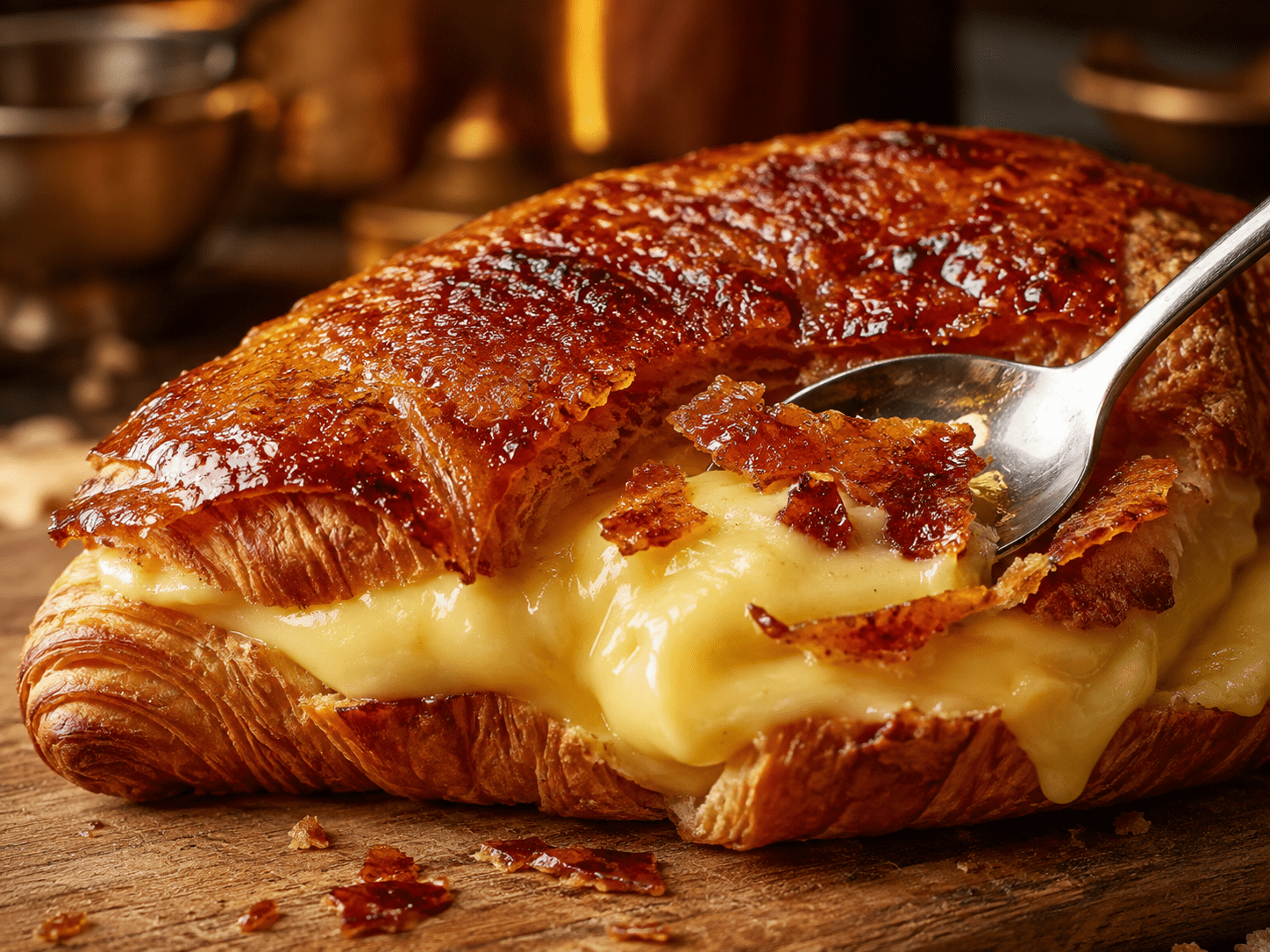 Croissant doré généreusement garni de crème pâtissière vanillée, recouvert d’une fine couche de cassonade caramélisée au chalumeau.