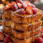 Pain perdu XXL composé de tranches épaisses de brioche dorée empilées, garnies de fruits rouges frais et nappées de sirop d’érable.