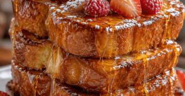 Pain perdu XXL composé de tranches épaisses de brioche dorée empilées, garnies de fruits rouges frais et nappées de sirop d’érable.