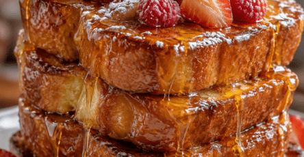 Pain perdu XXL composé de tranches épaisses de brioche dorée empilées, garnies de fruits rouges frais et nappées de sirop d’érable.
