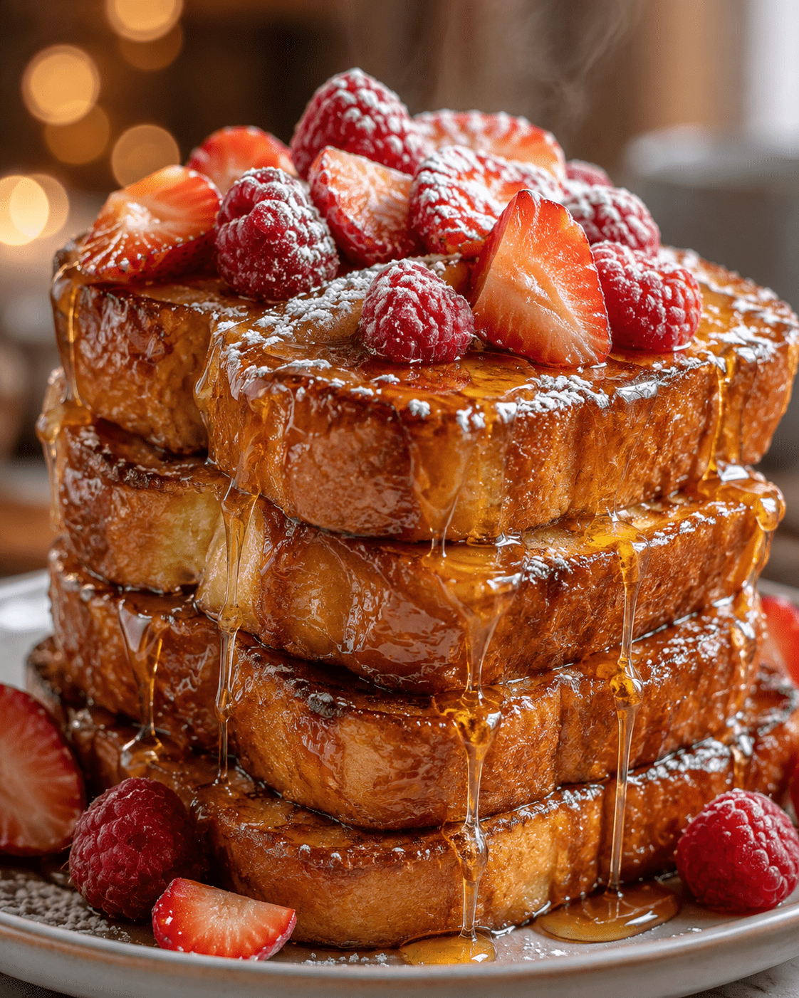 Pain perdu XXL composé de tranches épaisses de brioche dorée empilées, garnies de fruits rouges frais et nappées de sirop d’érable.