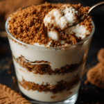 Tiramisu aux spéculoos présenté en verrine, avec couches de crème mascarpone, biscuits imbibés de café et miettes de spéculoos.