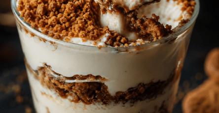 Tiramisu aux spéculoos présenté en verrine, avec couches de crème mascarpone, biscuits imbibés de café et miettes de spéculoos.