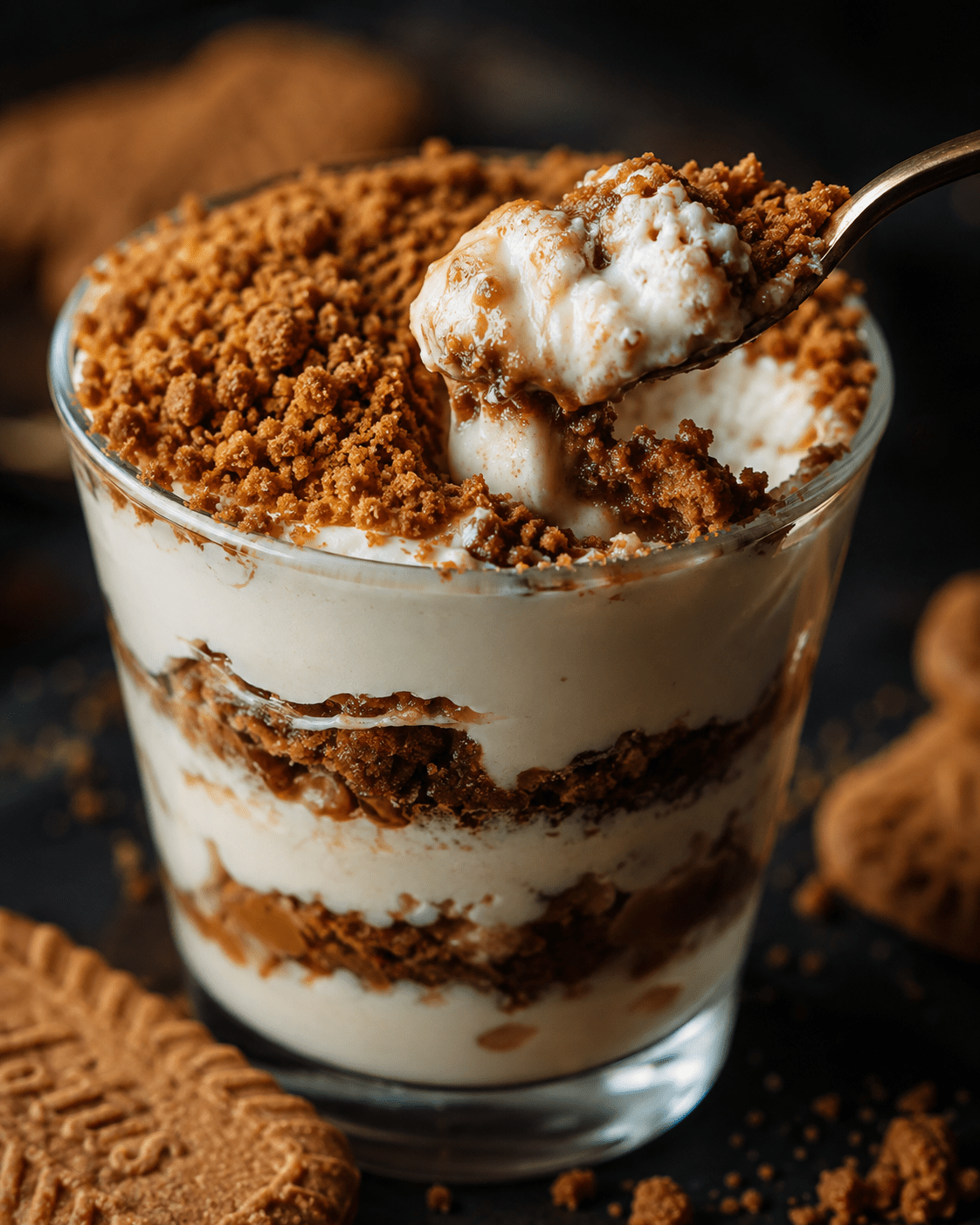 Tiramisu aux spéculoos présenté en verrine, avec couches de crème mascarpone, biscuits imbibés de café et miettes de spéculoos.