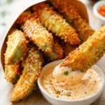 Frites d’avocat dorées au four, enrobées de parmesan et paprika, servies avec une sauce crémeuse dans une assiette.