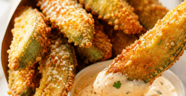 Frites d’avocat dorées au four, enrobées de parmesan et paprika, servies avec une sauce crémeuse dans une assiette.