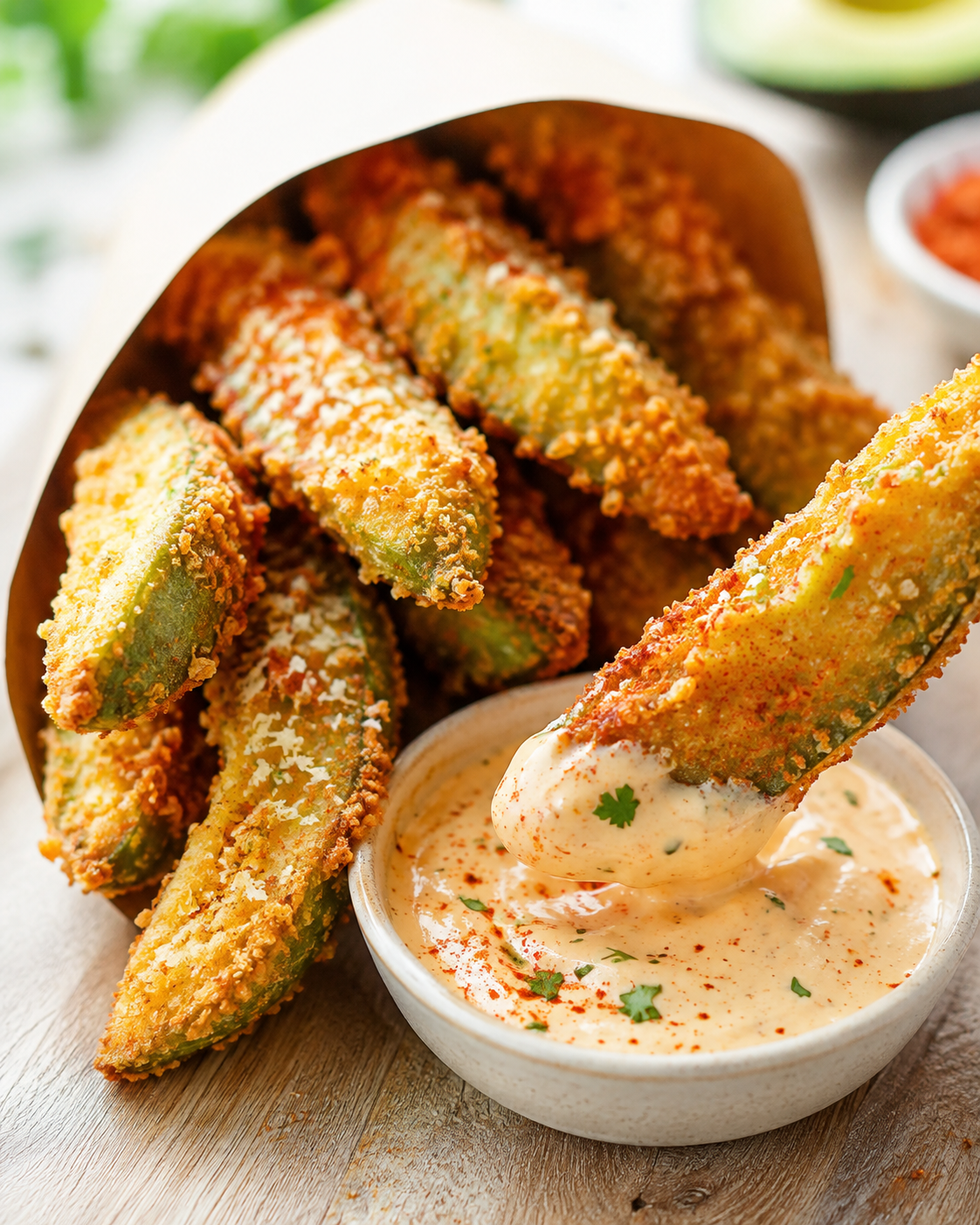 Frites d’avocat dorées au four, enrobées de parmesan et paprika, servies avec une sauce crémeuse dans une assiette.