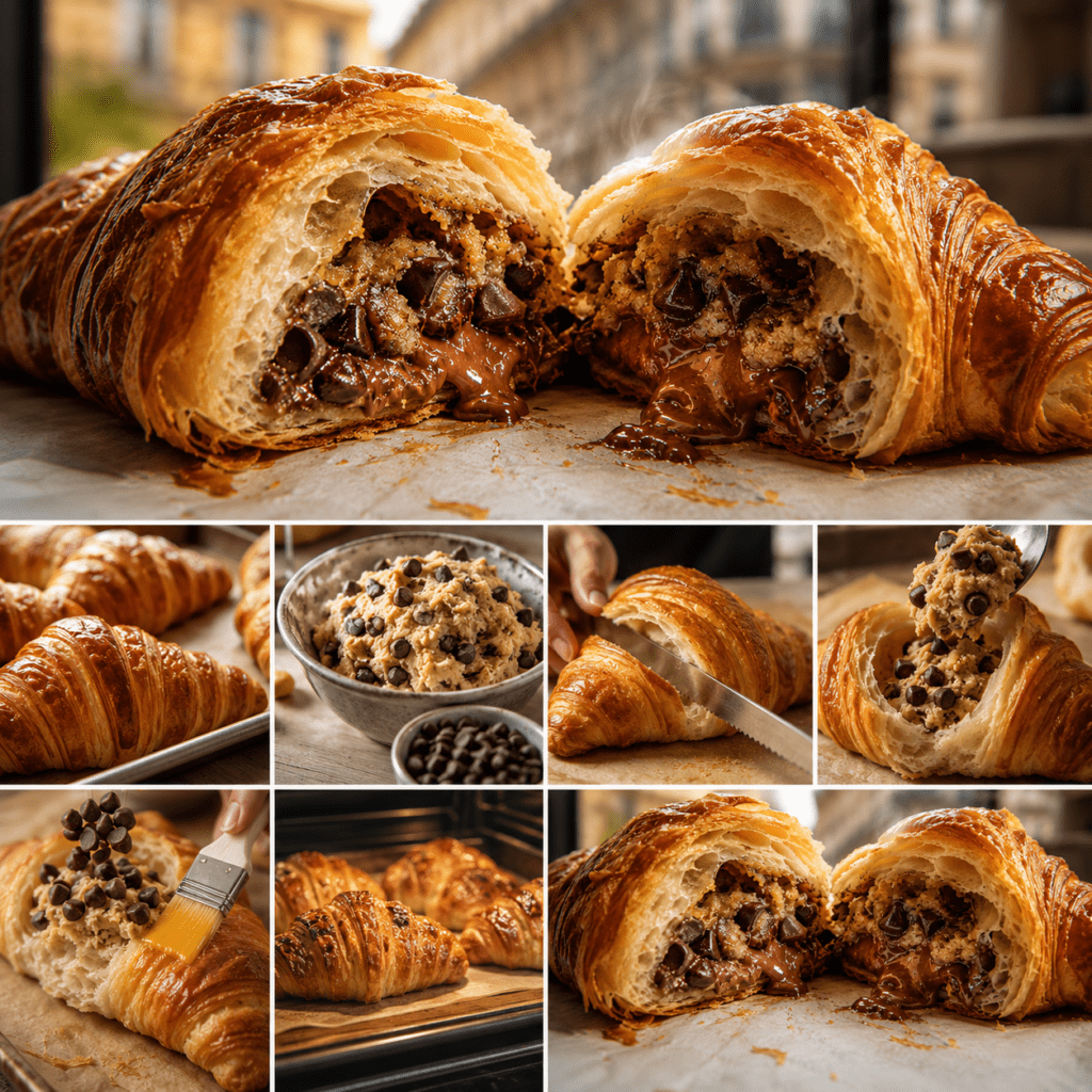 Crookie ouvert en deux avec croissant feuilleté doré, pâte à cookie fondante et généreuses pépites de chocolat noir.