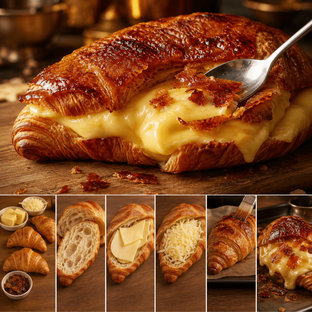 Croissant doré généreusement garni de crème pâtissière vanillée, recouvert d’une fine couche de cassonade caramélisée au chalumeau.