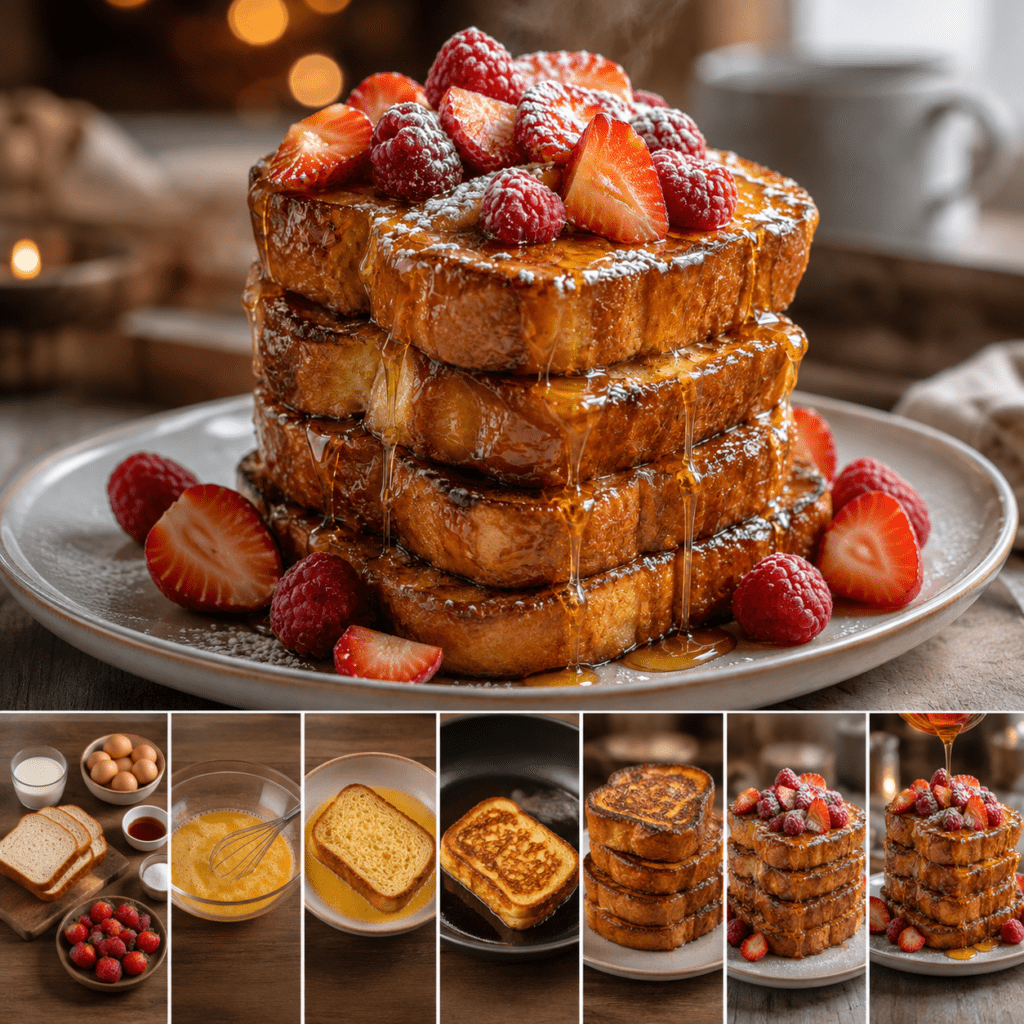 Pain perdu XXL composé de tranches épaisses de brioche dorée empilées, garnies de fruits rouges frais et nappées de sirop d’érable.