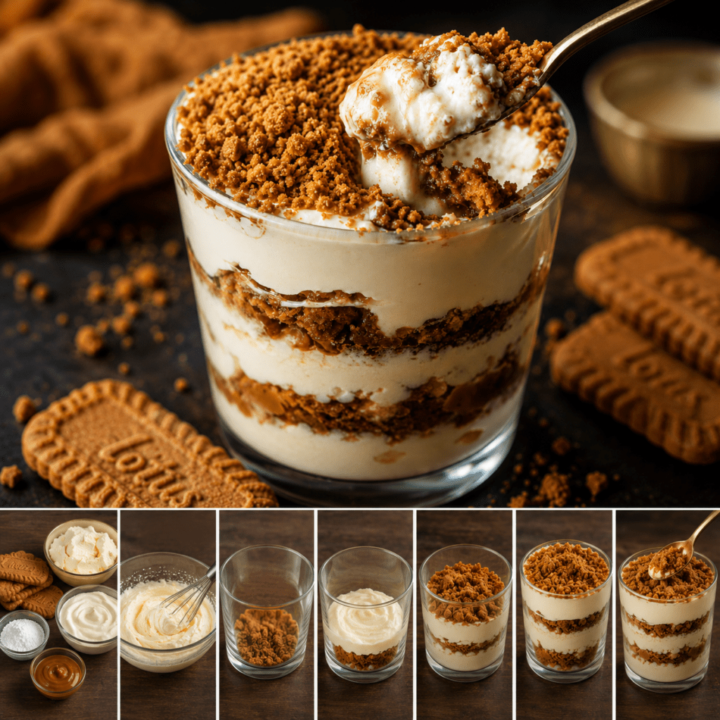 Tiramisu aux spéculoos présenté en verrine, avec couches de crème mascarpone, biscuits imbibés de café et miettes de spéculoos.