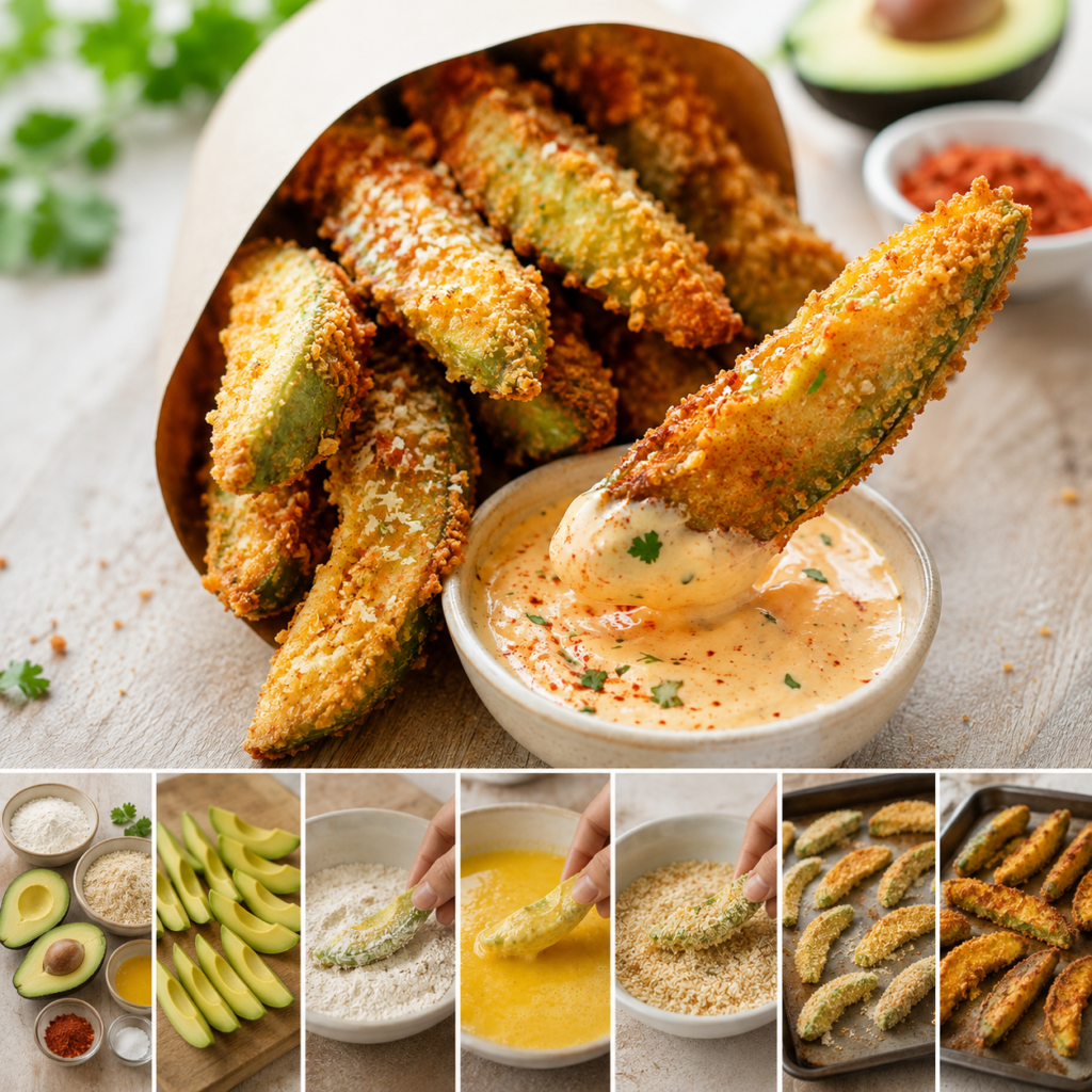 Frites d’avocat dorées au four, enrobées de parmesan et paprika, servies avec une sauce crémeuse dans une assiette.