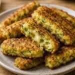 Frites de courgette maison dorées et croustillantes à la poêle, préparées avec des courgettes râpées, des œufs, de la farine et du fromage fondu.