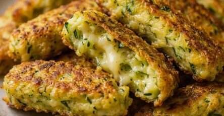 Frites de courgette maison dorées et croustillantes à la poêle, préparées avec des courgettes râpées, des œufs, de la farine et du fromage fondu.