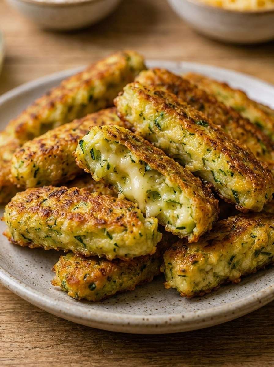 Frites de courgette maison dorées et croustillantes à la poêle, préparées avec des courgettes râpées, des œufs, de la farine et du fromage fondu.