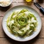 Assiette de courgettes crues taillées en longs rubans fins et disposées en rosace, assaisonnées d’huile d’olive, de jus de citron, de parmesan râpé et de poivre noir.