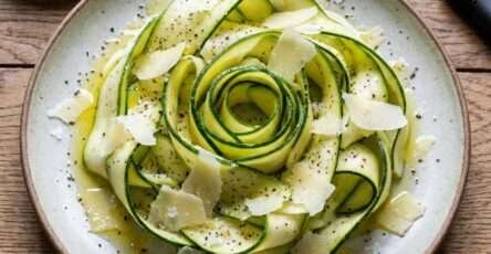 Assiette de courgettes crues taillées en longs rubans fins et disposées en rosace, assaisonnées d’huile d’olive, de jus de citron, de parmesan râpé et de poivre noir.