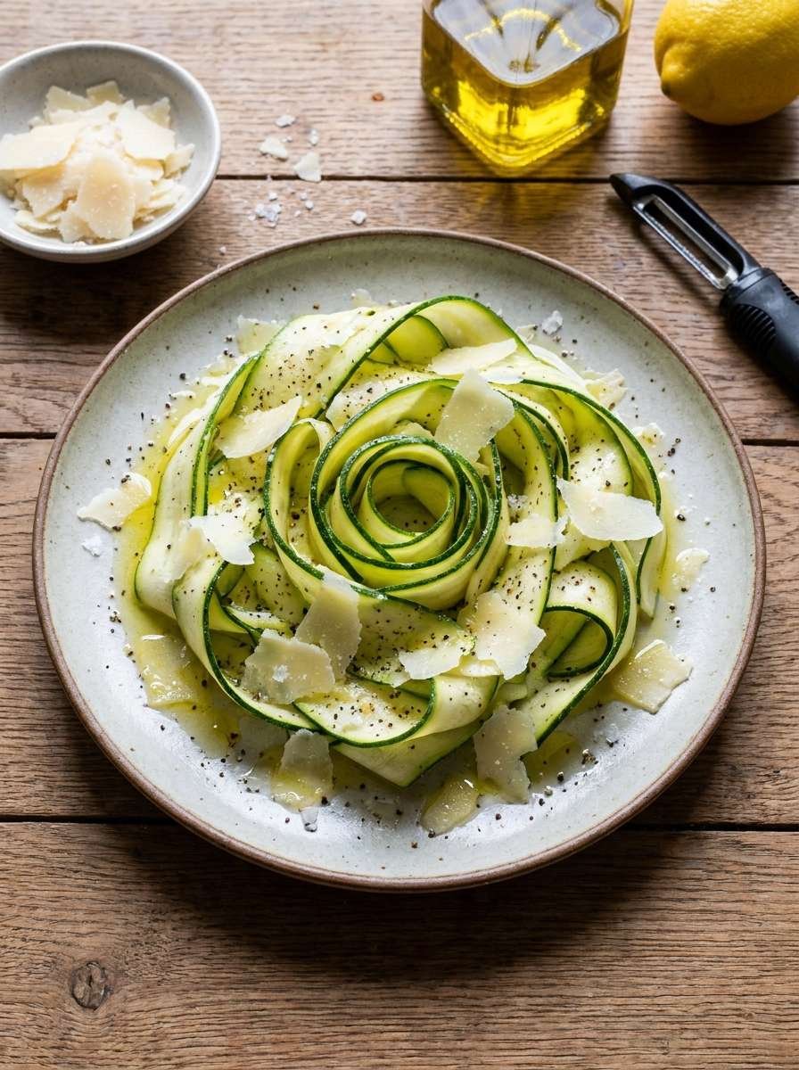 Assiette de courgettes crues taillées en longs rubans fins et disposées en rosace, assaisonnées d’huile d’olive, de jus de citron, de parmesan râpé et de poivre noir.