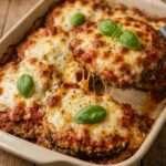 Aubergines milanaises panées et dorées, nappées de sauce tomate maison et recouvertes de mozzarella fondante gratinée dans un plat chaud sorti du four.