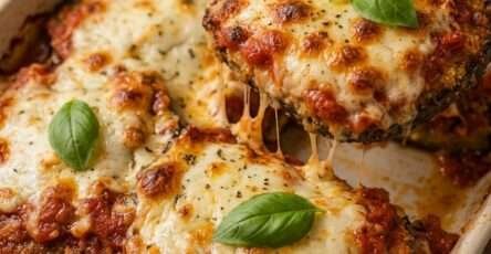 Aubergines milanaises panées et dorées, nappées de sauce tomate maison et recouvertes de mozzarella fondante gratinée dans un plat chaud sorti du four.
