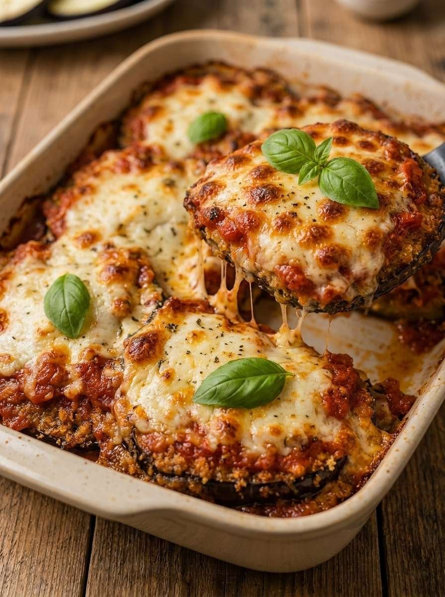 Aubergines milanaises panées et dorées, nappées de sauce tomate maison et recouvertes de mozzarella fondante gratinée dans un plat chaud sorti du four.