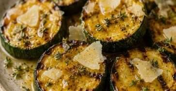 Rondelles épaisses de courgettes grillées et dorées, nappées de miel brillant, parsemées de thym frais et garnies de copeaux de parmesan.