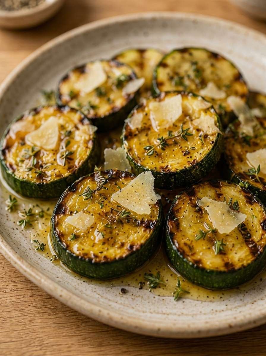 Rondelles épaisses de courgettes grillées et dorées, nappées de miel brillant, parsemées de thym frais et garnies de copeaux de parmesan.