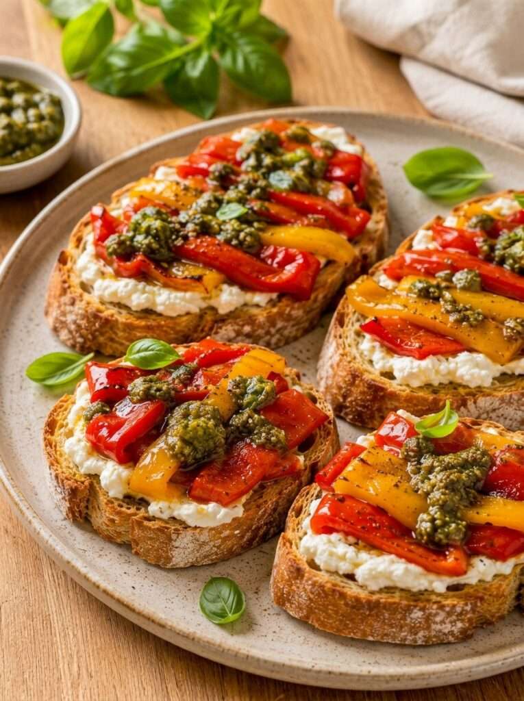 Des tartines croustillantes garnies de chèvre frais, de poivrons fondants et d’un pesto parfumé