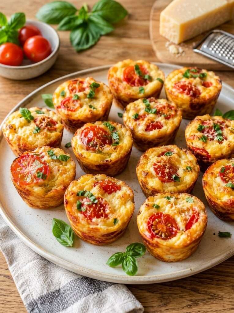 De petites bouchées moelleuses aux tomates cerises, au parmesan et au basilic, faciles à servir tièdes ou froides. mini clafoutis