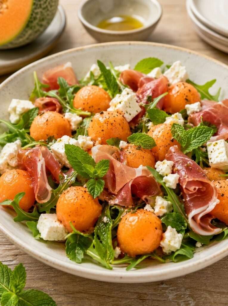Une salade fraîche mêlant melon juteux, feta salée, jambon cru, roquette et menthe.