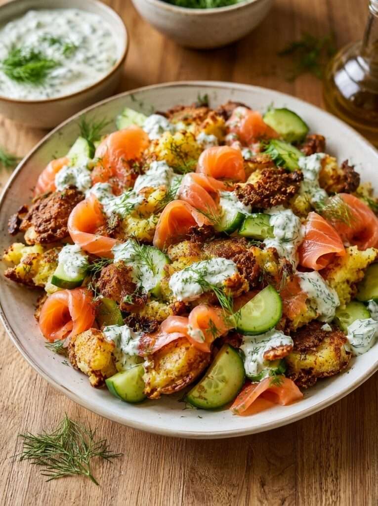 Salade des pommes de terre écrasées et croustillantes, du saumon fumé, du concombre et une sauce fraîche au yaourt et à l’aneth.