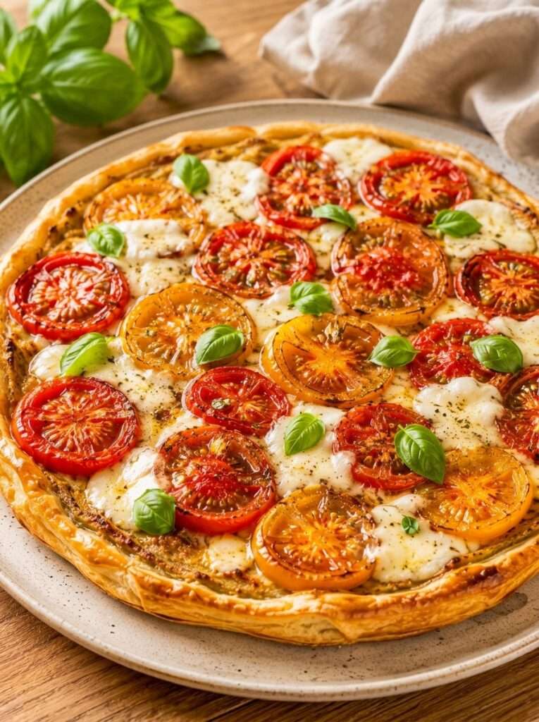 Une pâte feuilletée croustillante, une fine couche de moutarde, des tomates parfumées et de la mozzarella fondante.
