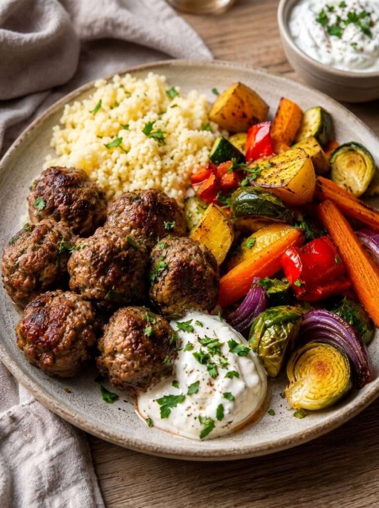 Des boulettes de bœuf épicées, une semoule légère et des légumes rôtis servis avec une sauce fraîche.