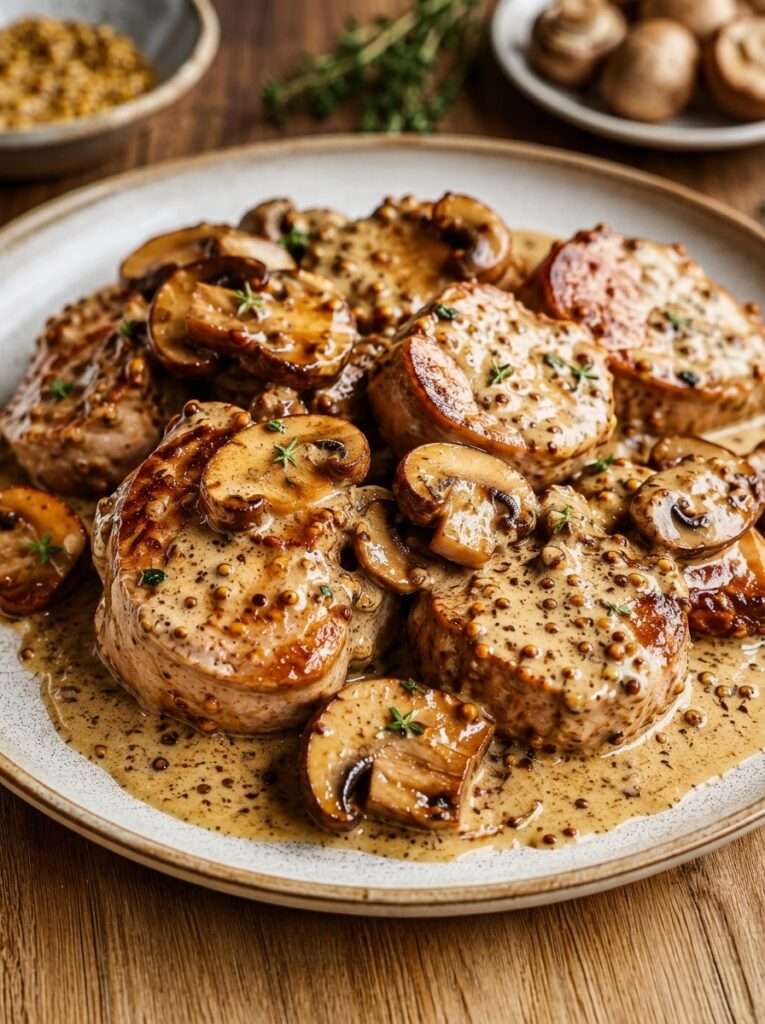 Des médaillons de filet mignon tendres, nappés d’une sauce crémeuse à la moutarde à l’ancienne et aux champignons.