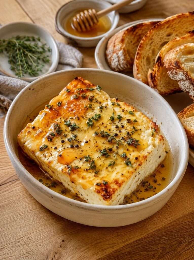 Bloc de feta rôtie au miel et au thym dans un plat en céramique, servi avec des tranches de pain grillé