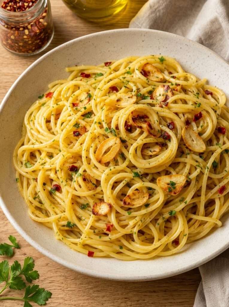 Assiette de spaghetti aglio e olio avec ail doré, persil frais, piment rouge et chapelure croustillante.