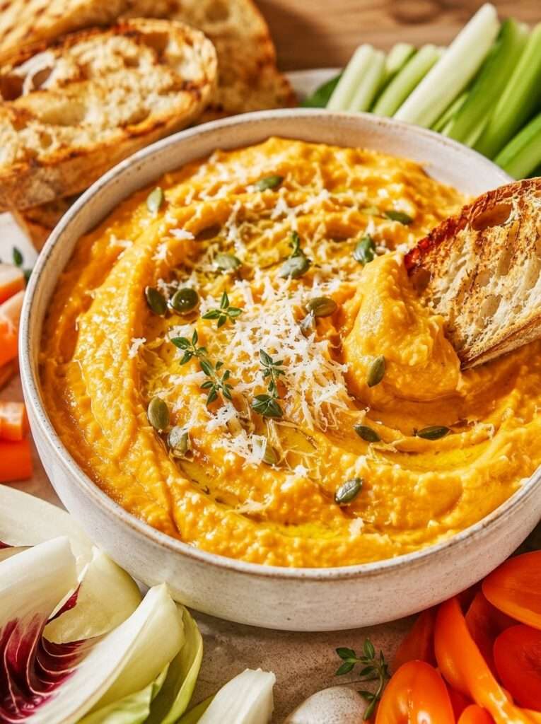 Dip chaud de courge butternut rôtie et parmesan dans un plat gratiné, servi avec du pain grillé et des crudités.
